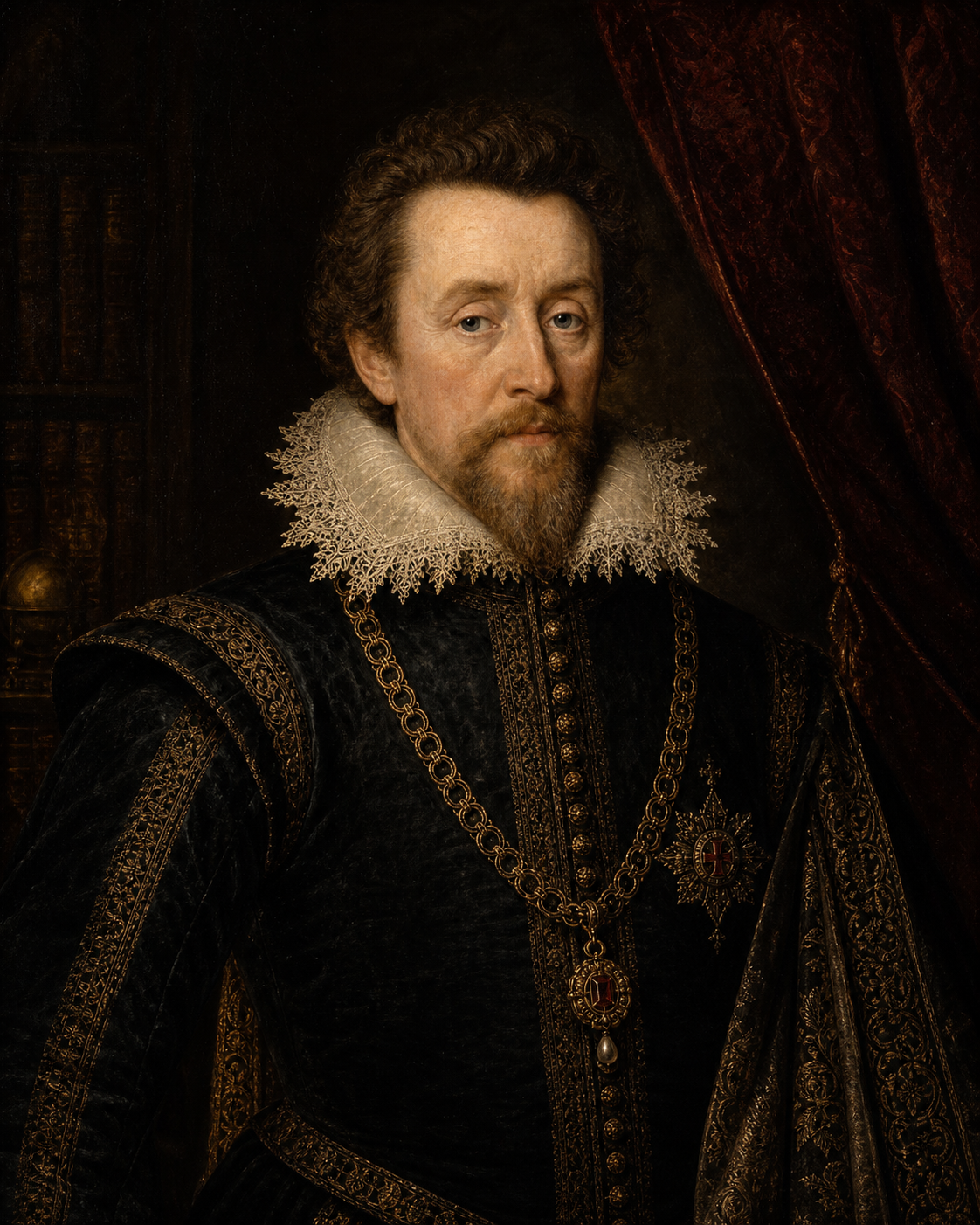 Retrato histórico editorial do rei Jaime VI e I, associado à Bíblia King James de 1611